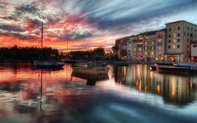 city, boat, sea, 1080P, portofino, reflection, water, building, sunset, italy