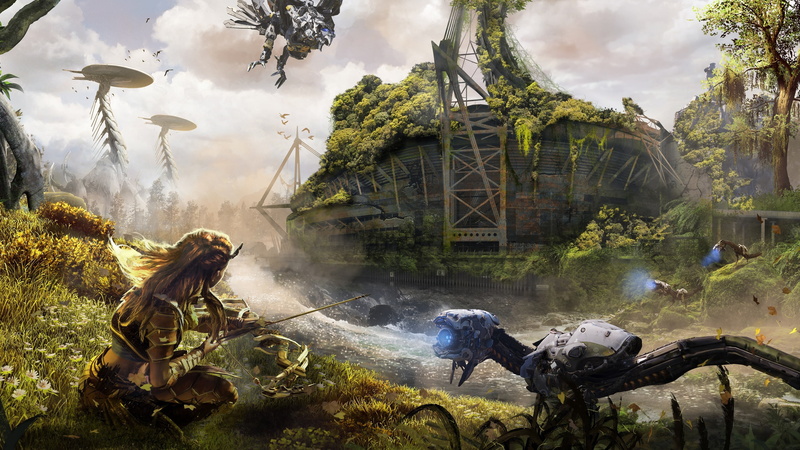 cloud - sky, robot, rock, occupation, rock - object, group of people, growth, brown, people, tree, smoke - physical structure, Horizon: Zero Dawn, plant