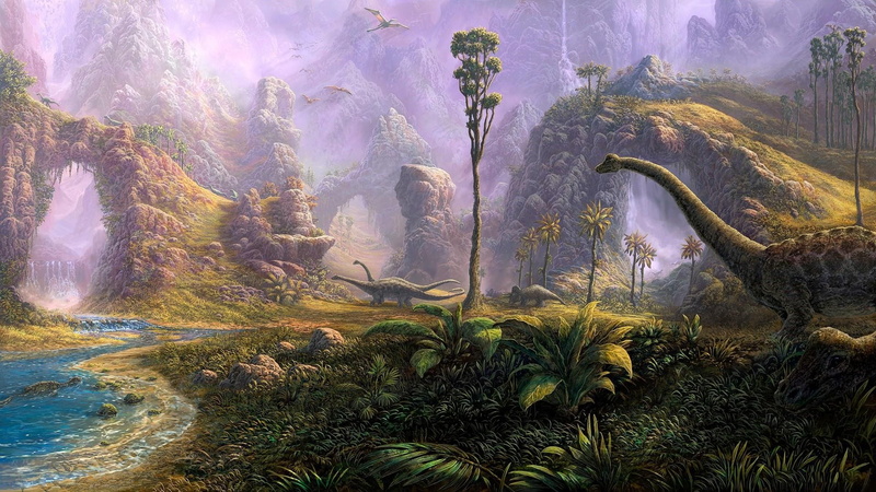 jungle, bank, painting, 1080P, sky, forest, drawing, stream, landscape, digital art, mountain, dinosaur