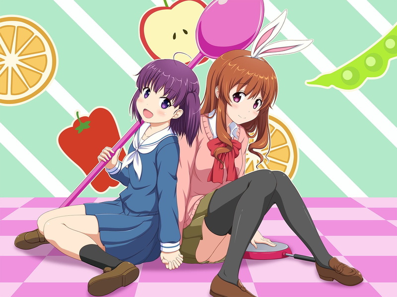 Short Hair, 720P, Purple Eyes, Purple Hair, Long Hair, Spoon, Skirt, Kirin Morino, Anime, School Uniform, Ryou Machiko, Pantyhose, Frying Pan, Smile, Blush