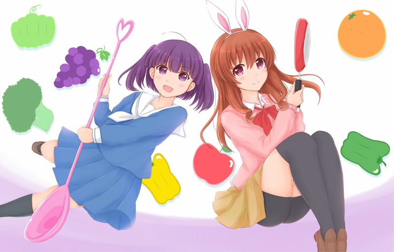 Purple Hair, Brown Hair, Smile, Anime, Spoon, Skirt, Kirin Morino, Purple Eyes, 1080P, Blush, School Uniform, Headband, Gourmet Girl Graffiti, bow (Clothing)
