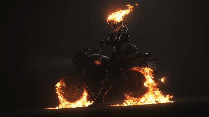 Minimalism, Illustration, Characters, Skull, Ghost Rider, Figure, Chain, Art, Motorcycle, Background, Dmitry Petuhov, Flame, Fire, Lamoz571, Hell, 4K