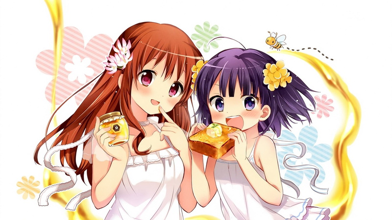 Bee, Long Hair, Flower, Girl, Food, Ryou Machiko, Kirin Morino, 1080P, Purple Eyes, Pink Eyes, Anime, Short Hair, Brown Hair, Purple Hair, White Dress