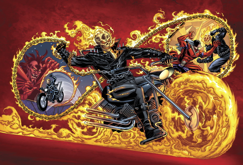 by Benny Fuentes, art, bike, 1080P, Ghost Rider, Mephisto, fire, Marvel, chains