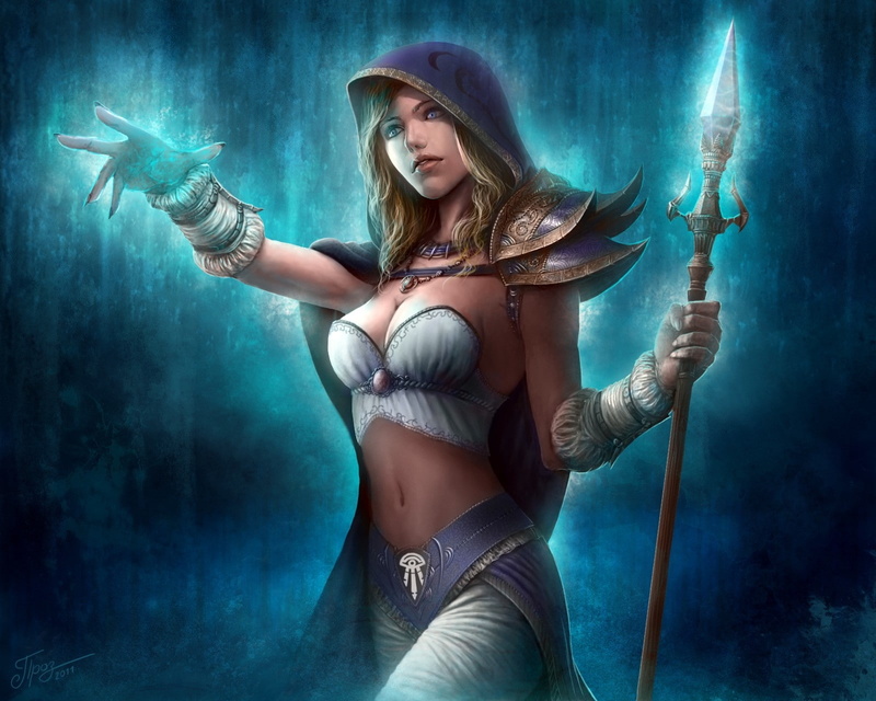 720P, x, magic, women, art, blondes, fantasy, abstract, witches, blue, hd, magician, maiden, crystal