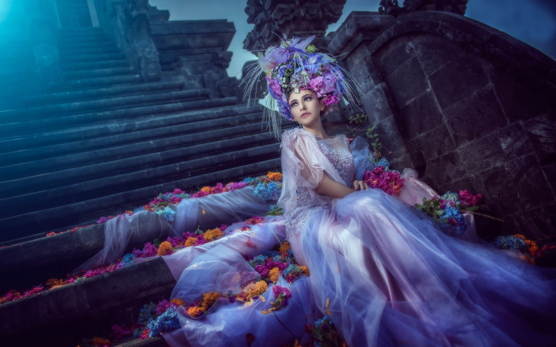 1080P, Flowers, Fantasy, Petals, Dress, Bride, Girl, Moonlight, White, Art, Pictures