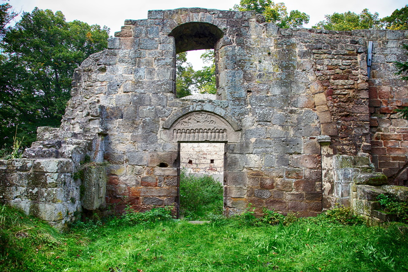 damaged, mood, masonry, building exterior, grass, sky, historically, gloomy, mystical, field, cemetery, ruined, fear, green, antique, arch, no people, old