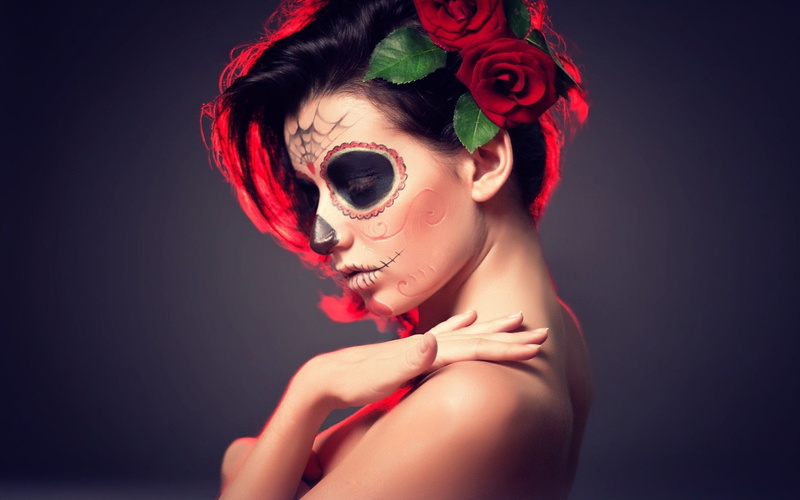 beautiful woman, adult, young women, skull, headshot, closed eyes, young adult, flower, face, black background, fashion model, human body part, one person