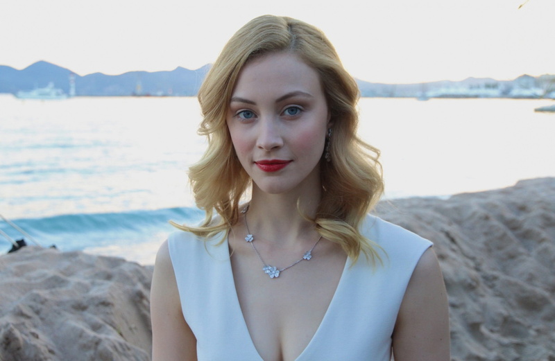 red lipstick, land, blue eyes, hairstyle, water, young adult, 1080P, leisure activity, hair, young women, actress, outdoors, portrait, Sarah Gadon, real people