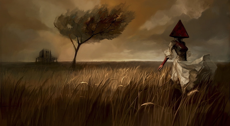 1080P, cloud - sky, woman, one person, Painting, Digital, Scenery, grass, Bloody, Artwork, environment, red, nature, white, tranquility, Beautiful, Creepy