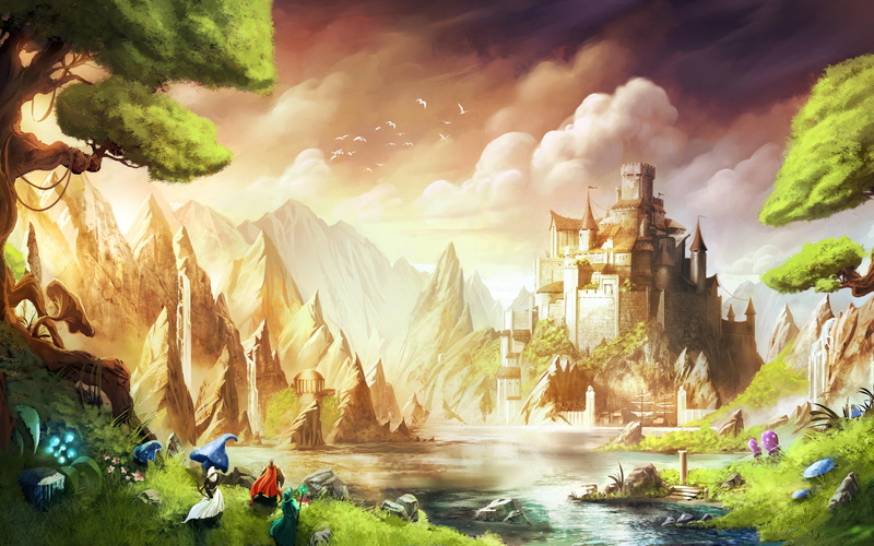 games, trine, painting, 2K, near, castle, cloudy, river, sky