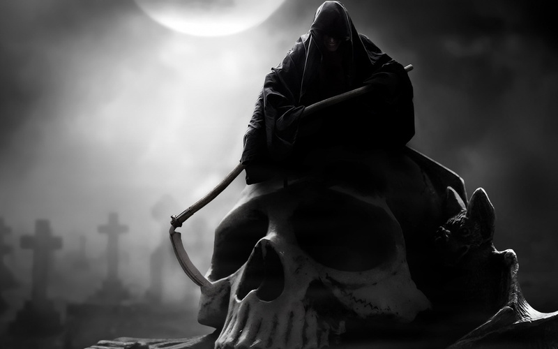 Grave, scythe, smiling, digital art, creature, Coats, grim reaper, skull, drawing, 1080P, cross, artwork