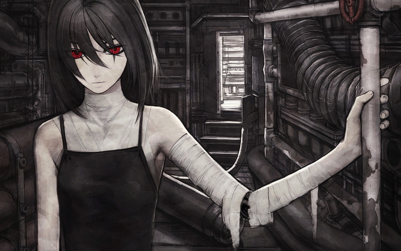 hot, art, anime, girls, eyes, dark, x, artwork, iwai, horror, cyborgs, 1080P, ryo, red, hd