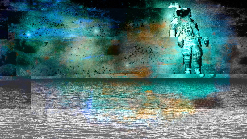 digital art, glitch art, mystery, indoors, day, multi colored, built structure, one person, men, astronaut, dreamlike, painting, standing, digital, architecture