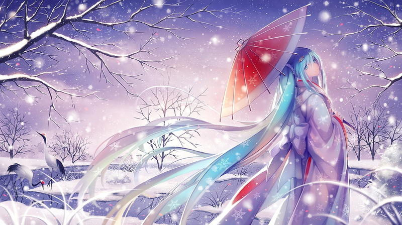 traditional clothing, kimono, Hatsune Miku, 1080P, umbrella, snow, Vocaloid