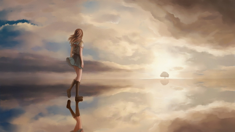 balance, sunset, beauty in nature, young women, standing, full length, sky, day, tranquility, hairstyle, anime girls clouds brunette artwork sea trees sky women digital art water walking