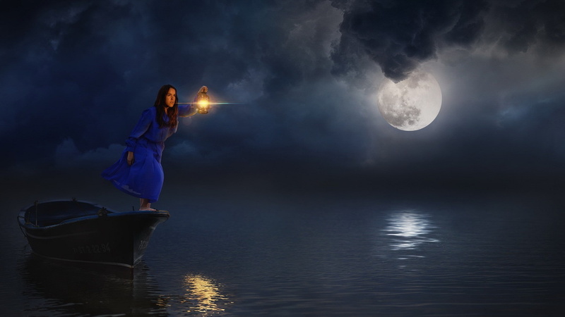 fantasy art, digital composite, adult, 1080P, standing, sky, water, fantasy, outdoors, moonlight, nature, one person, sea, dreamlike, women, astronomy