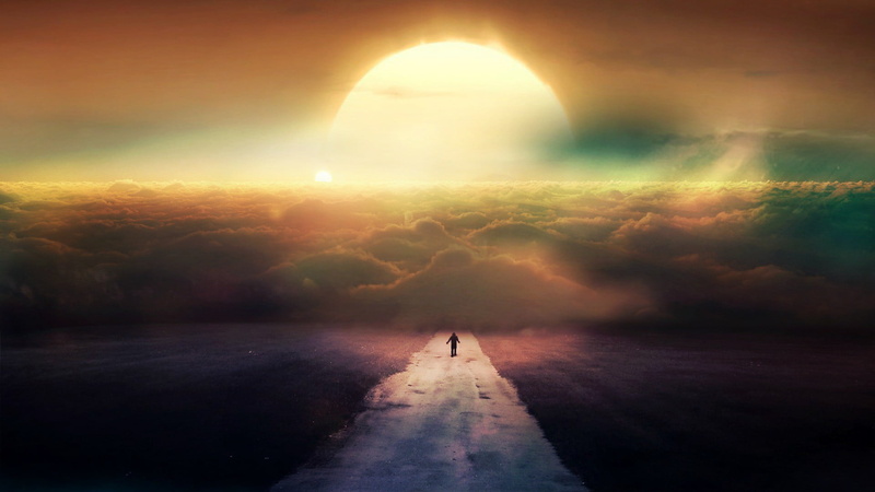 tranquility, sun, scenics - nature, standing, mystery, rear view, one person, fantasy, ethereal, spooky, contemplation, formation, digital composite, dreamlike