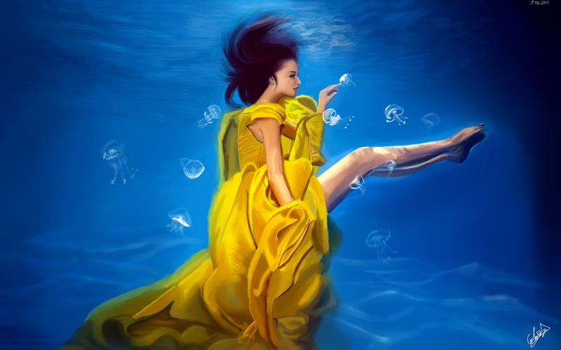 floating on water, one person, dress, blue background, adult, young adult, long hair, 2K, water, dreamlike, fashion, beautiful woman, artwork, digital composite