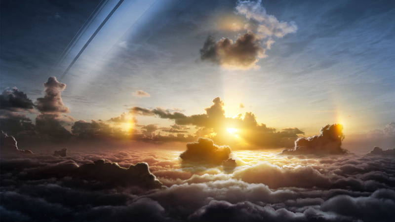 heaven, sunset, cloud - sky, sunbeam, sky, 1080P, lens flare, architecture, cloudscape, idyllic, planet, orange color, saturn, nature, tranquility, digital composite