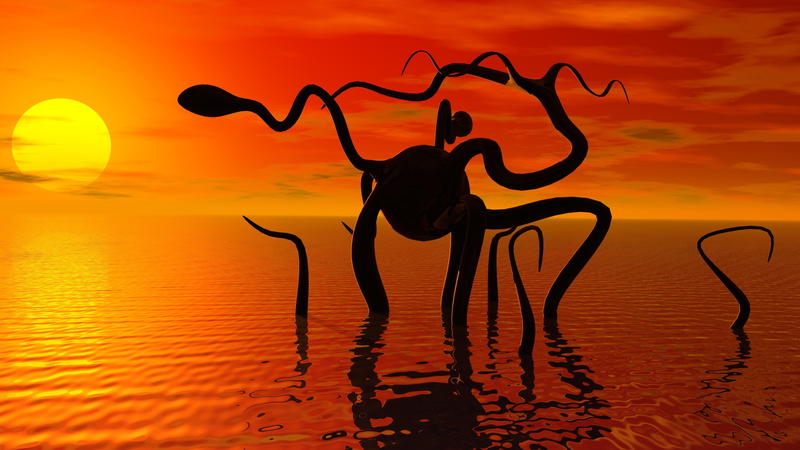 sea monster, science fiction, art, beauty in nature, monster, orange color, land, sci-fi, digital composite, nature, silhouette, beach, motion, aquatic monster