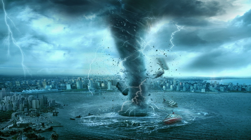 apocalyptic, boat, digital art, sea, tornado, cityscape, 1080P, storm