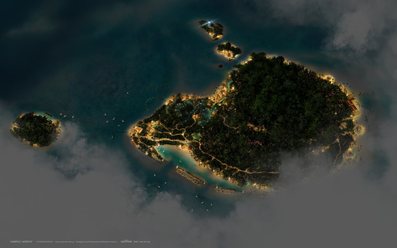 1080P, trees, lights, cloud - sky, tranquil scene, evening, tree, lighthouse, brown, water, CGI, transportation, land, house, tropical, beach, island