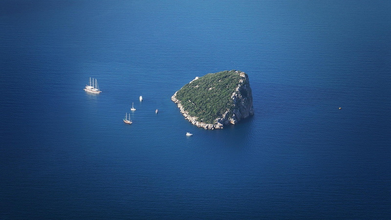 high angle view, nature landscape minimalism water sea island rock boat yachts sailing ship blue trees aerial view birds eye view, no people, nautical vessel