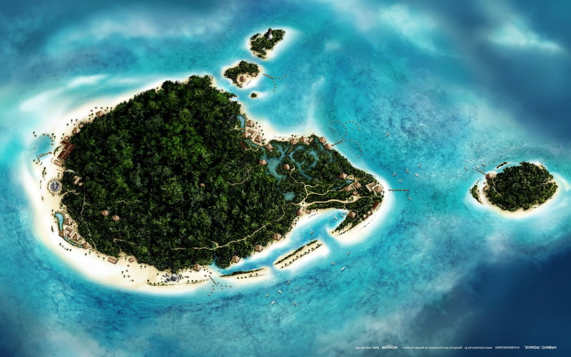 1080P, digital art cgi nature landscape island sea trees forest beach sand house boat lighthouse clouds tropical birds eye view