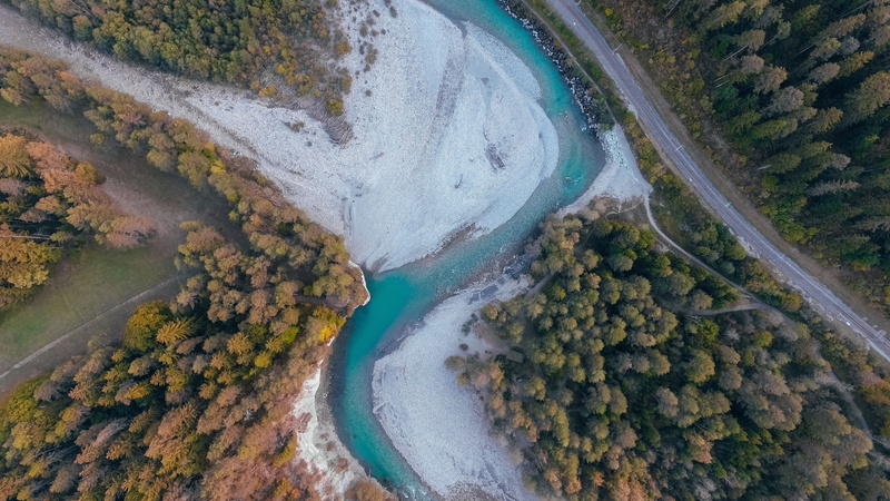 water, drone, land, architecture, tree, nature, sea, rheinschlucht, beauty in nature, curvy river, 4K, green, day, switzerland, waterfall, pov, no people