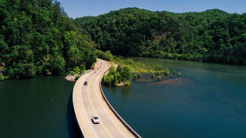 drone photography, plant, from above, bridge, water, aerial view, river, day, tranquility, bright, green, outdoors, cars, growth, land, sky, drone view