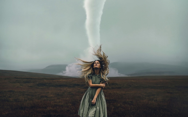 sky, tousled hair, tornado, environment, landscape, hair, adult, field, leisure activity, 1080P, cloud - sky, land, lifestyles, wind, hairstyle, long hair