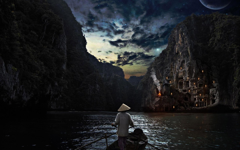 moon, wooden, s, 1080P, ride, canoe, star, sombrero, brown, castle, men, night, boat, mountain, digital art, lake, 1920x1200