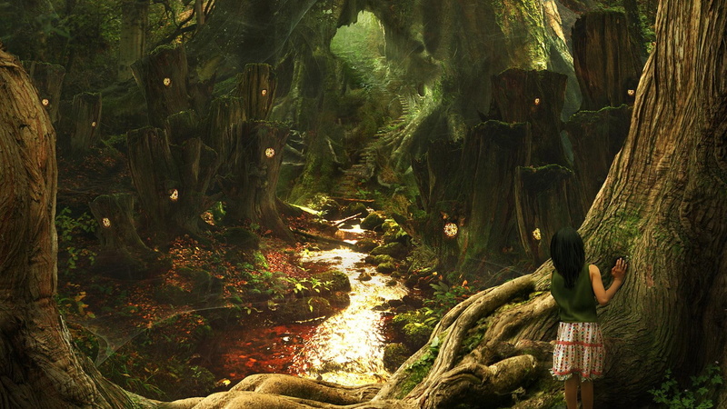 3d and abstract, woods, trees, jungle, path, fairy tale, enchanted, girl, fantasy, 1080P