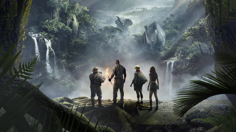 Jack Black, beauty in nature, Kevin Hart, 1080P, Dwayne Johnson, Movie, mountain, flowing water, rock - object, waterfall, motion, group of people, plant