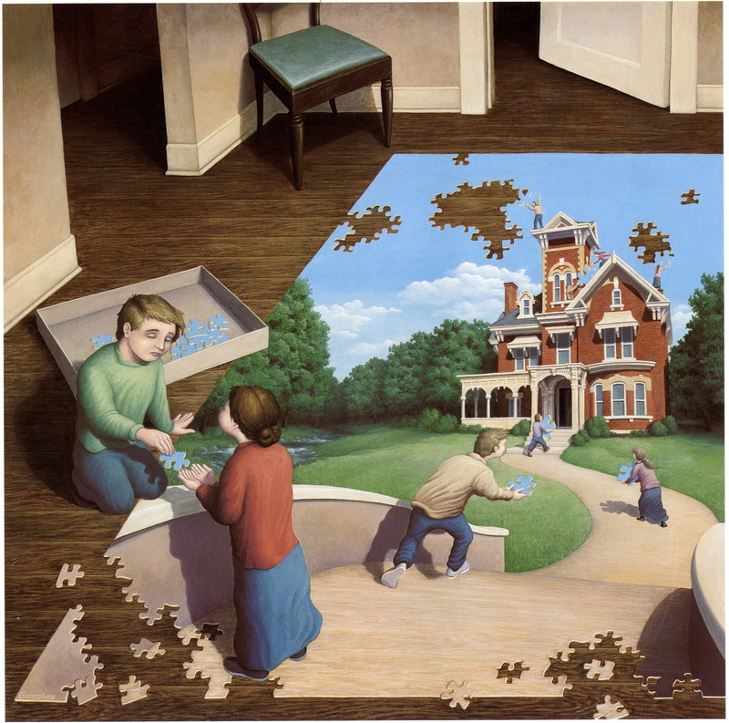 artwork, building exterior, house, child, girls, parent, building, males, puzzles, son, surreal, offspring, 2K, adult, family, togetherness, architecture