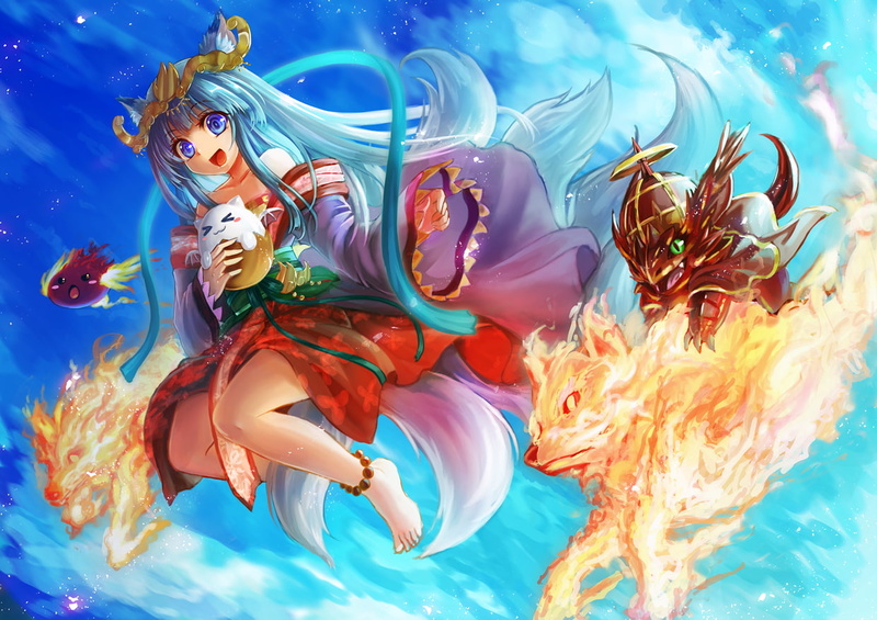 high angle view, 480P, indoors, anime, no people, nature, underwater, animal wildlife, paint, Puzzle and Dragons, blue, anime girls, multi colored, animal
