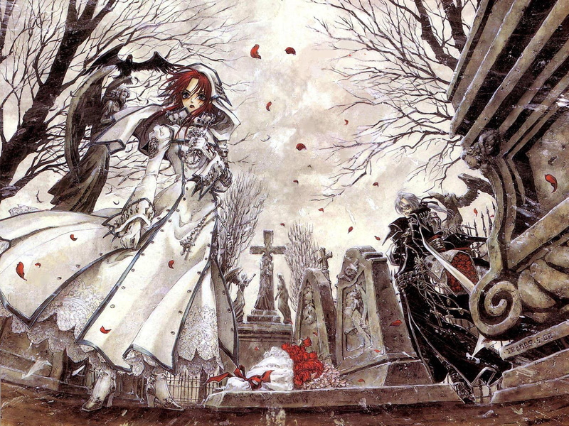 720P, graveyard, trinity, blood, pretty, beauty, cute, dress, dark, flowers, clouds, anime, beautiful, girl, petals