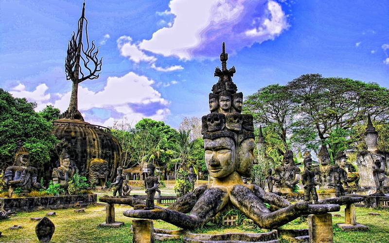 architecture, sky, nature, outdoors, cloud - sky, sculpture, place of worship, building exterior, history, Vientiane, 1080P, no people, the past, day