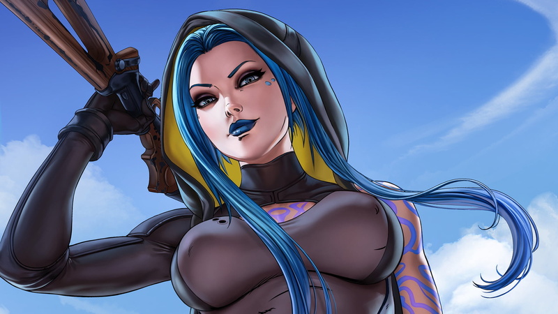 tattoo, 1080P, weapon, long hair, blue hair, Maya (Borderlands)