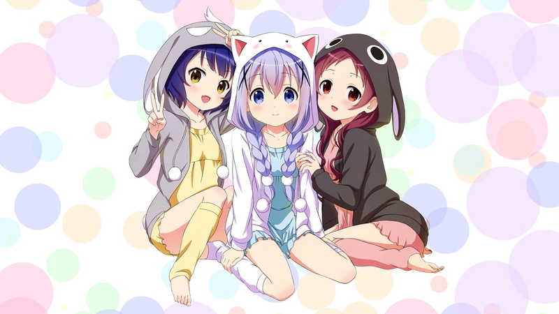 Megumi Natsu, costume, Maya Jouga, women, indoors, studio shot, females, Chino Kafū, Anime, mask - disguise, adult, people, multi colored, girls, friendship