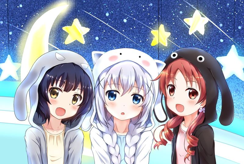 smiling, happiness, representation, childhood, people, blue, child, human face, close-up, boys, 2K, emotion, female likeness, creativity, anime girls anime gochuumon wa usagi desu ka jouga maya kafuu chino natsu megumi hoods braids