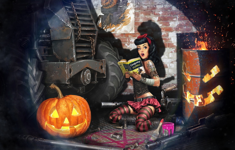 Sergey Kondratovich, the situation, the game, pumpkin, Post Apocalyptic pin up HELLOWEEN, Crossout, Halloween, 1080P, art