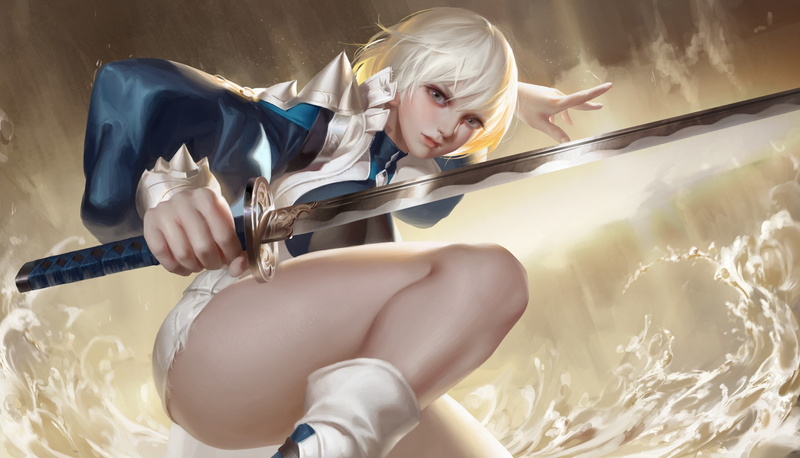 fantasy, wave, 1080P, pose, look, sword, art, girl, weapons