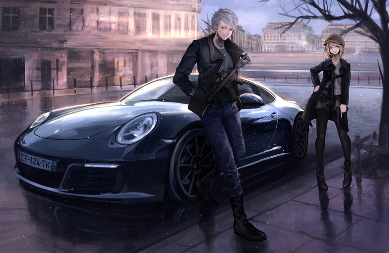 characters, full length, clothing, caucasian Ethnicity, gun, real people, motor vehicle, digital, luxury, porsche, guy, city, elegance, terabyte