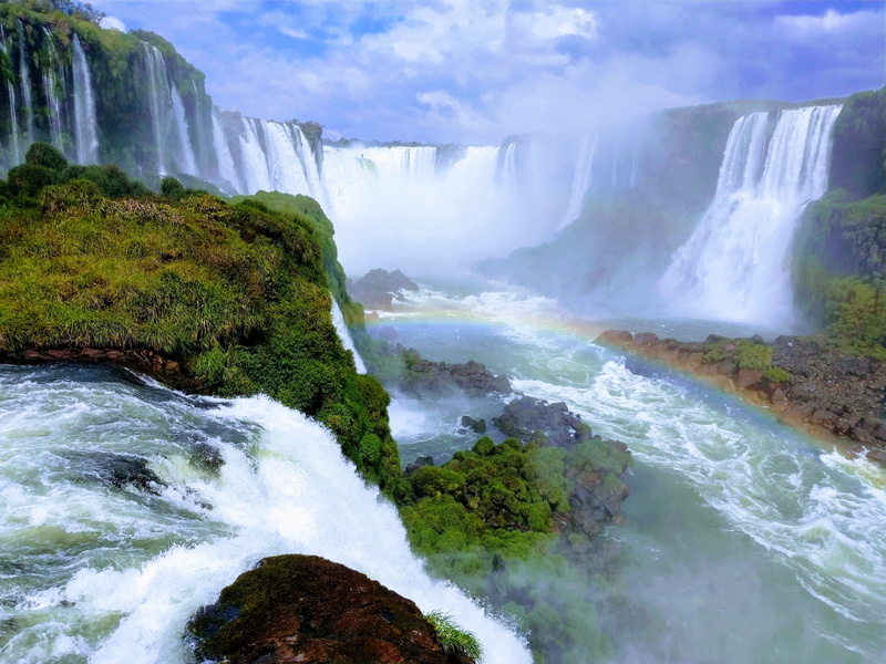 blurred motion, river, land, 4K, power in nature, scenics - nature, travel destinations, falls, rainbow, yguassu, iguassu, natural, flowing water, tourism