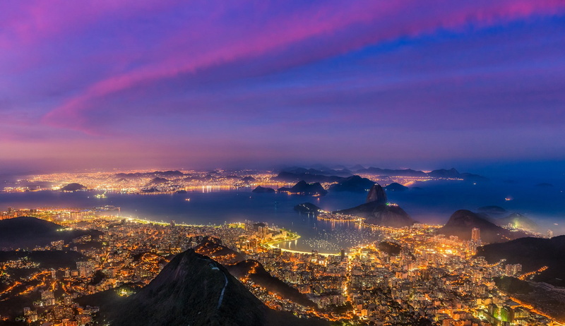 hills  Brazil  evening  cityscape  city  lights  clouds  sea  architecture  building  birds eye view  Rio de Janeiro  bay  sunset  mountains, 1080P