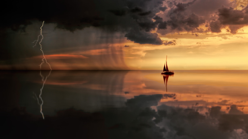 dusk, reflection, orange color, beauty in nature, nature, weather, scenics - nature, storm, architecture, city, sailboat, 4K, digital composite, horizon