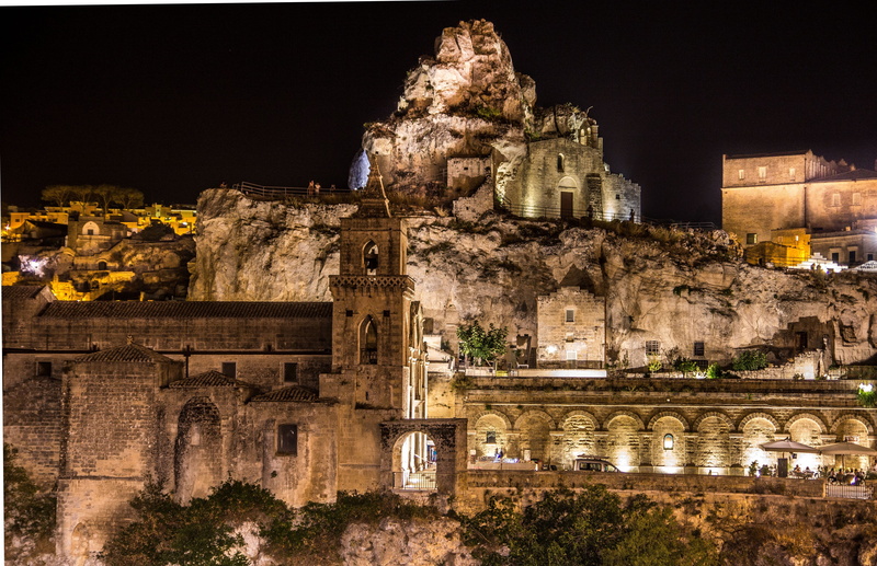 no people, illuminated, sassi, place of worship, the rock church, outdoors, basilicata, old, travel destinations, archaeology, the past, italy, borgo, built structure