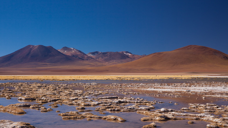 san pedro de atacama, clear sky, water, blue, land, chile, tranquil scene, beauty in nature, desert, sky, 5K, salt flat, lagoon, nature, mountain, environment